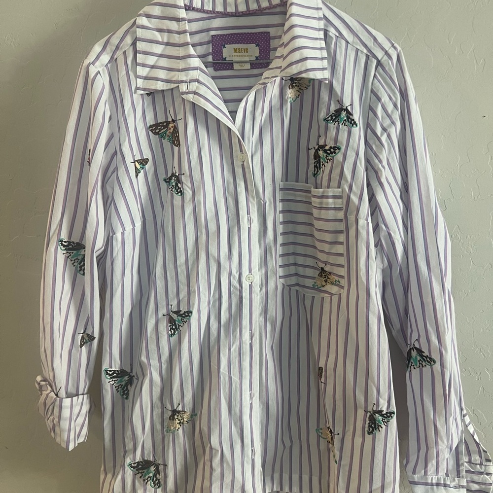 Anthropology Striped Shirt with Butterfly Embroidery